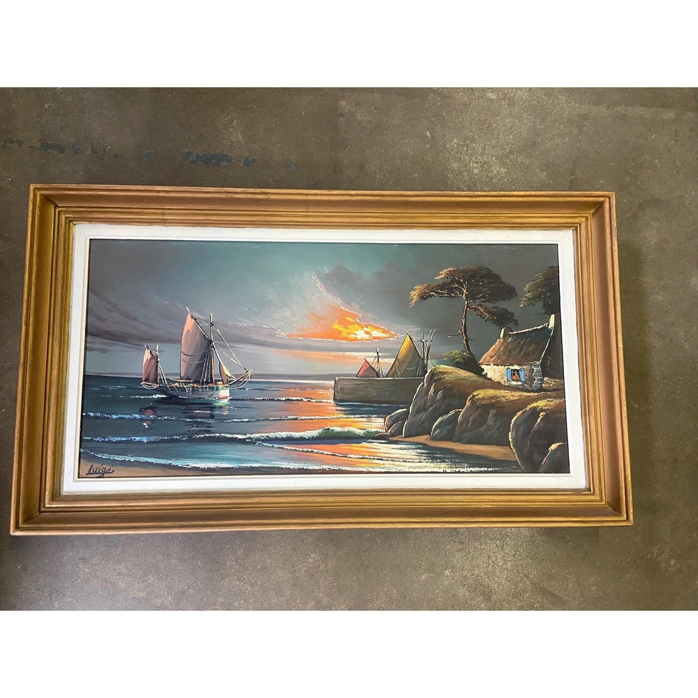 Vintage Oil Painting Textured Seascape Signed Luigi Orante Wooden Frame 37x21"